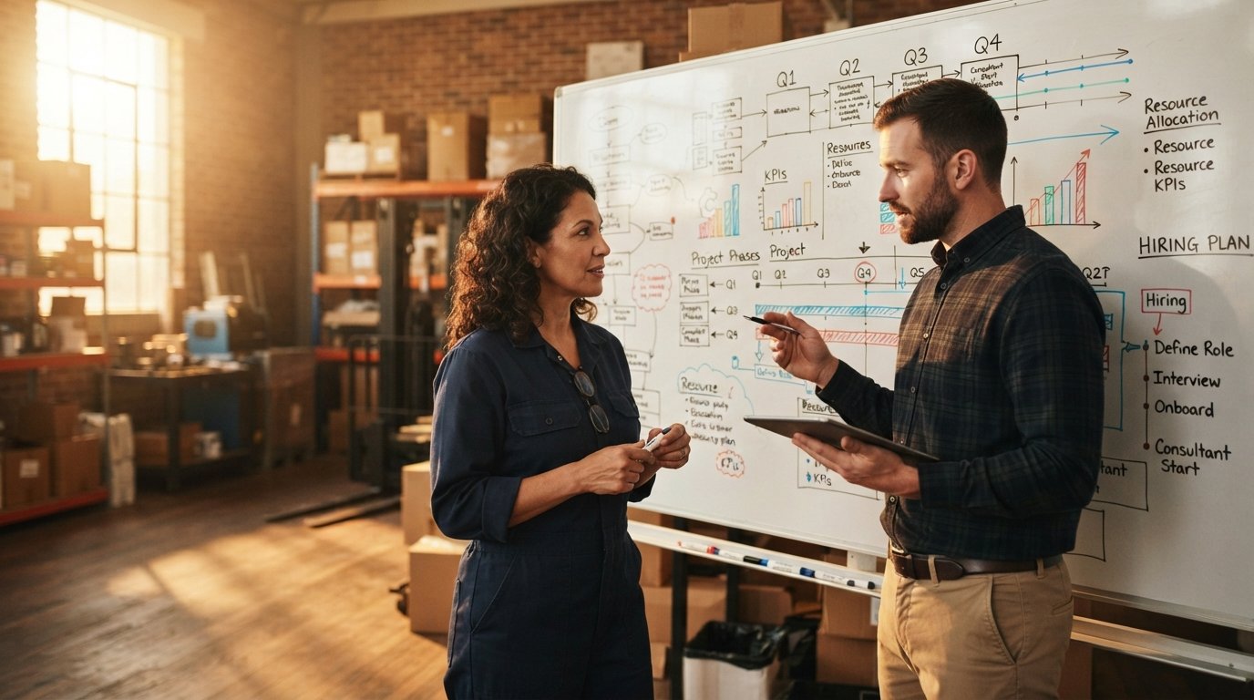 Business owner and consultant scoping a data analytics consulting project against a hiring plan on a whiteboard