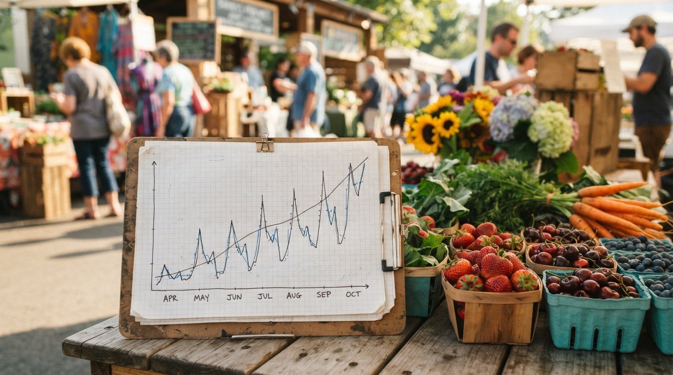 Paper chart of recurring seasonal sales spikes beside fresh produce, an everyday time series example