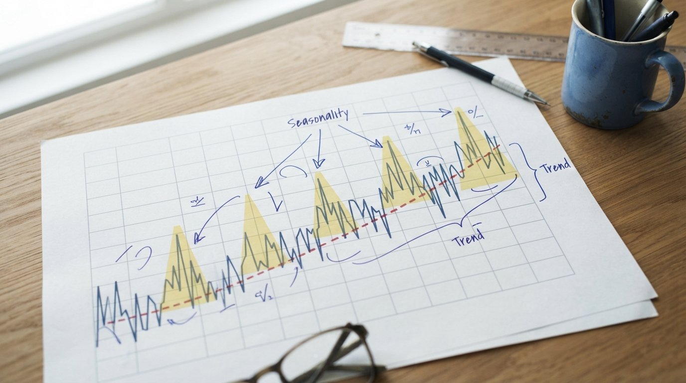 Monthly sales chart showing seasonal peaks above a rising trend line, a typical time series analysis view