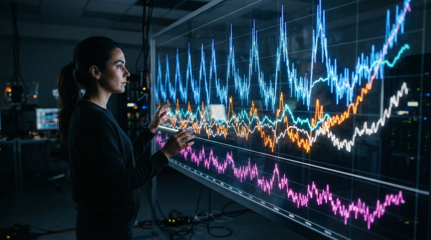 Time series lines with repeating peaks and a steady trend projected on a glass wall for forecasting review