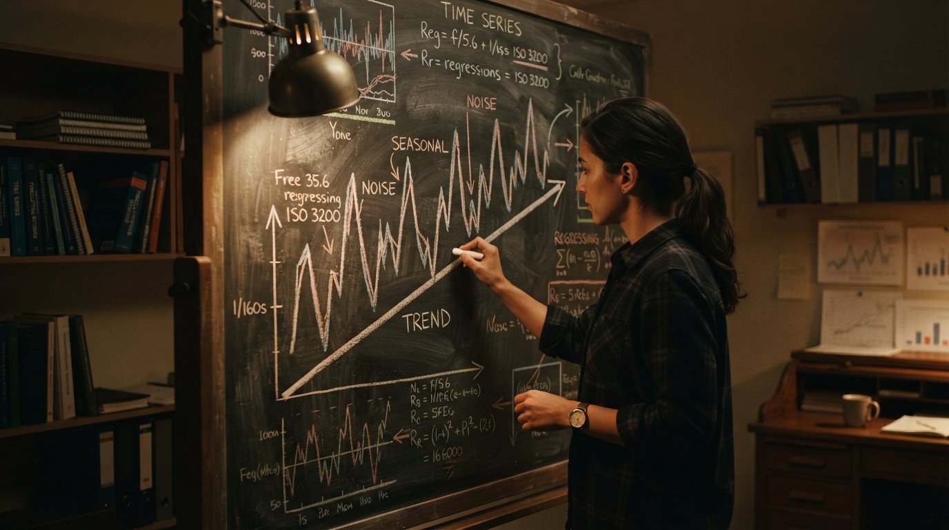 Analyst drawing a rising trend beneath repeating seasonal waves to explain time series decomposition